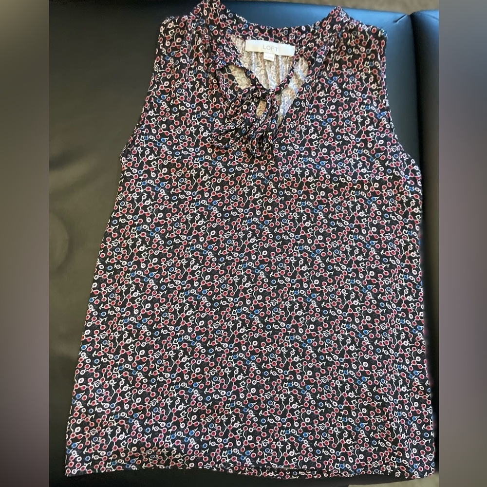 XS LOFT Black Floral Blouse w/ Blue and Pink Flowers